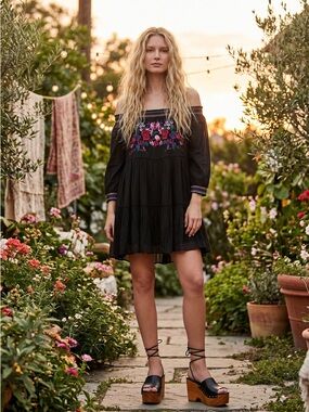 Free People Sunbeams Embroidered Dress in Black Small Off Shoulders Bohemian